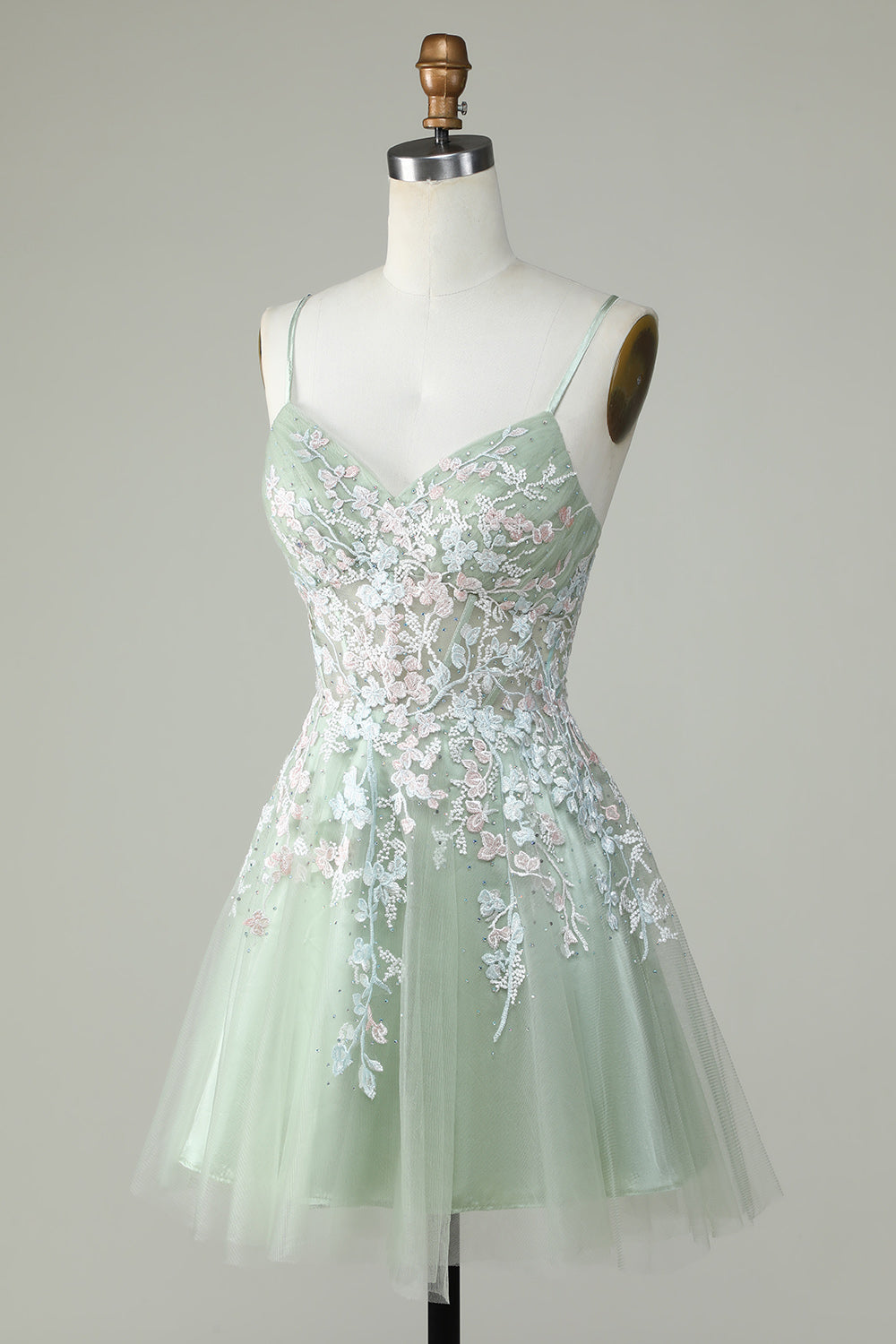 Sweetheart Spaghetti Straps Iridescent Floral Lace Applique Tulle Corset Lace-Up Open Back Flared A-Line Short Homecoming Dress