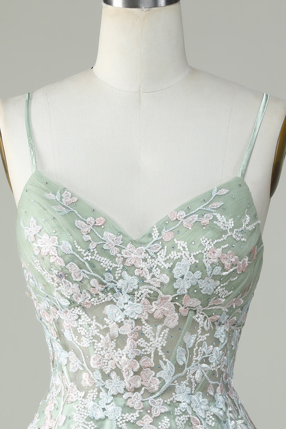 Sweetheart Spaghetti Straps Iridescent Floral Lace Applique Tulle Corset Lace-Up Open Back Flared A-Line Short Homecoming Dress
