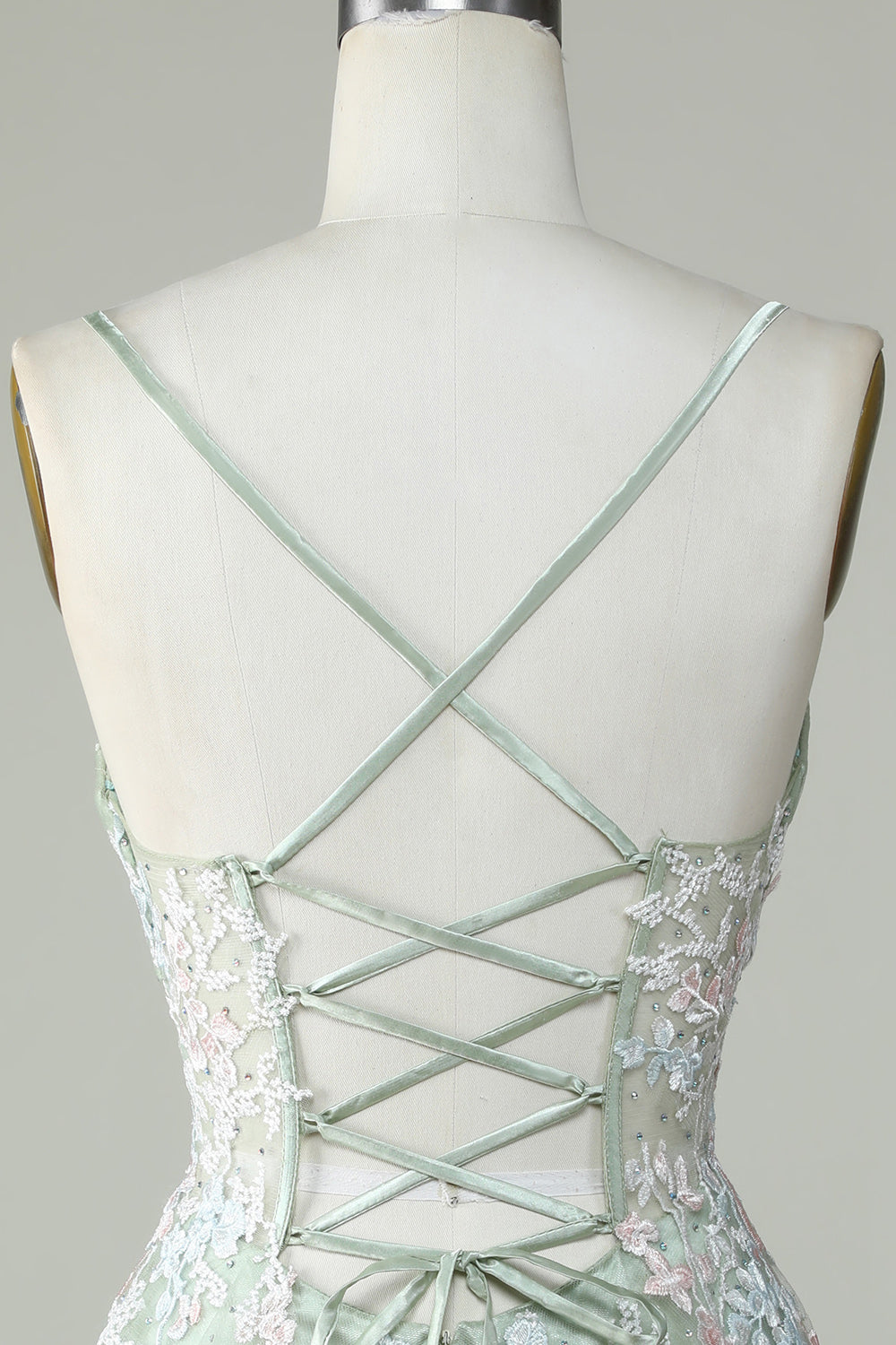 Sweetheart Spaghetti Straps Iridescent Floral Lace Applique Tulle Corset Lace-Up Open Back Flared A-Line Short Homecoming Dress