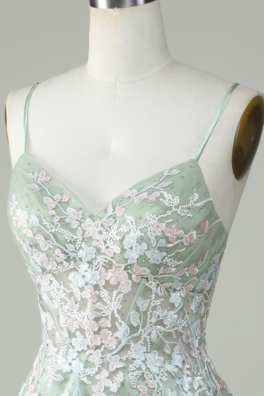 Sweetheart Spaghetti Straps Iridescent Floral Lace Applique Tulle Corset Lace-Up Open Back Flared A-Line Short Homecoming Dress