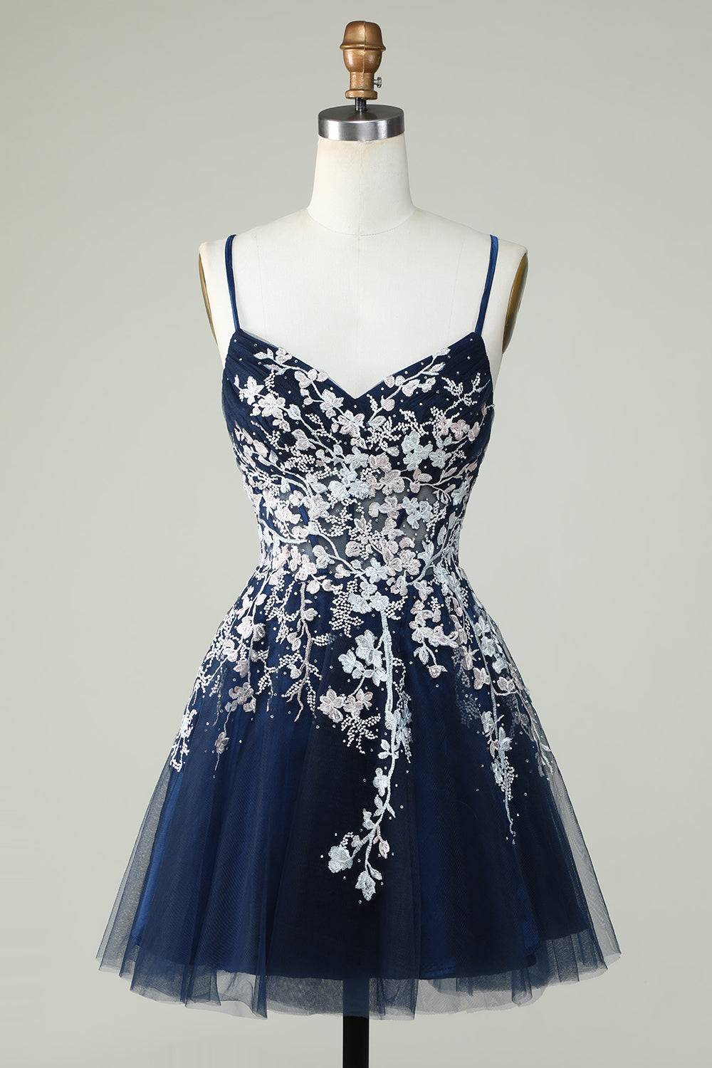 Sweetheart Spaghetti Straps Iridescent Floral Lace Applique Tulle Corset Lace-Up Open Back Flared A-Line Short Homecoming Dress