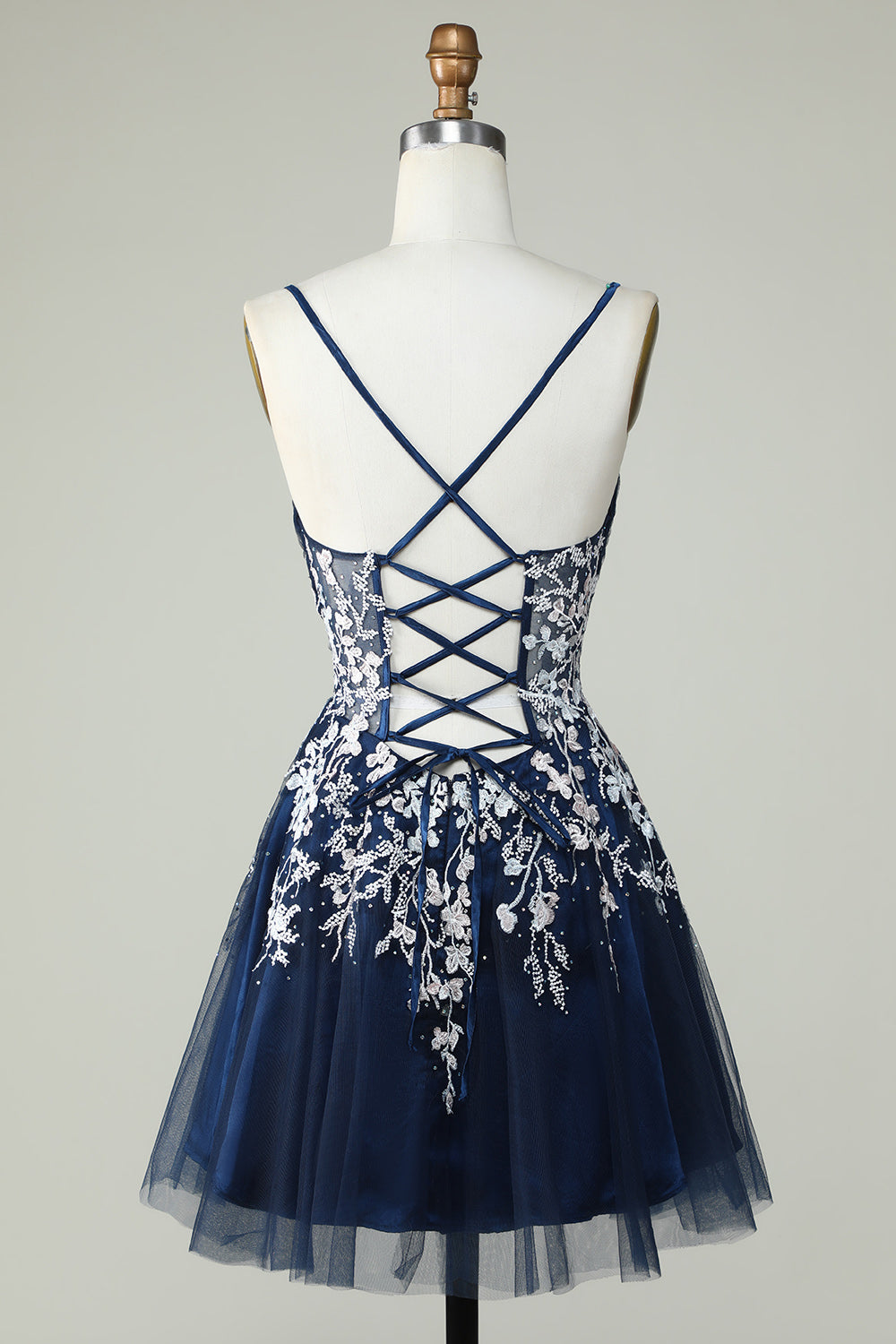 Sweetheart Spaghetti Straps Iridescent Floral Lace Applique Tulle Corset Lace-Up Open Back Flared A-Line Short Homecoming Dress