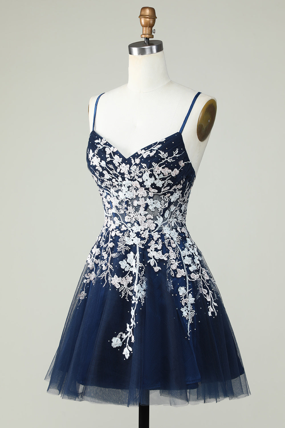 Sweetheart Spaghetti Straps Iridescent Floral Lace Applique Tulle Corset Lace-Up Open Back Flared A-Line Short Homecoming Dress