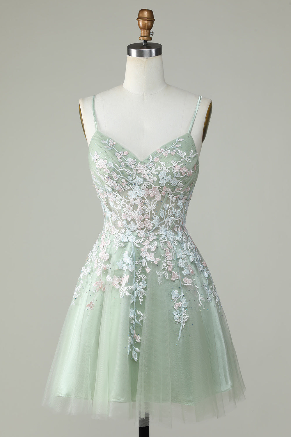 Sweetheart Spaghetti Straps Iridescent Floral Lace Applique Tulle Corset Lace-Up Open Back Flared A-Line Short Homecoming Dress