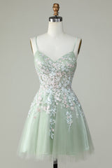 Sweetheart Spaghetti Straps Iridescent Floral Lace Applique Tulle Corset Lace-Up Open Back Flared A-Line Short Homecoming Dress