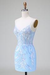 Light blue sweetheart applique bodycon homecoming dress