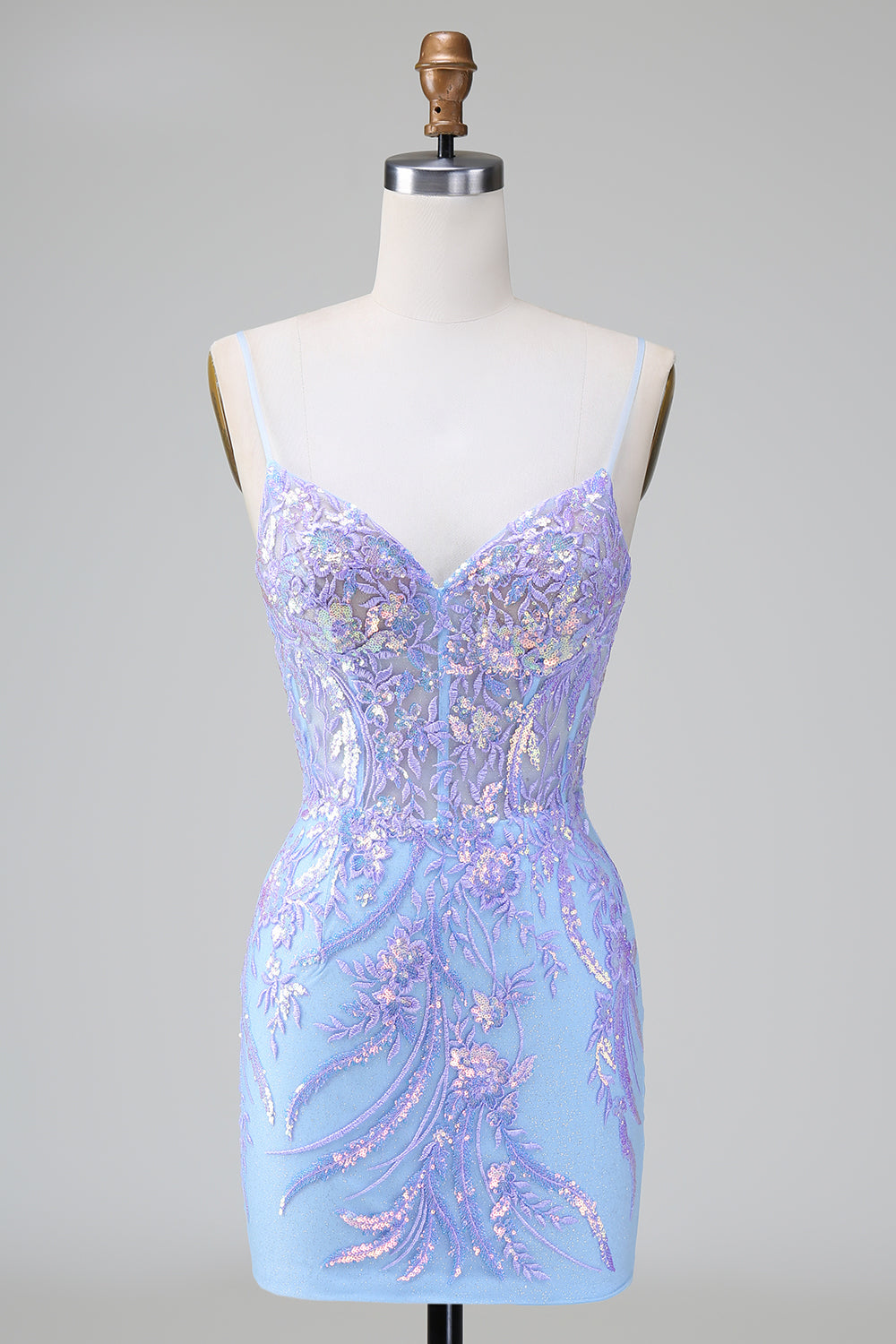 Light blue sweetheart applique bodycon homecoming dress with lilac appliques