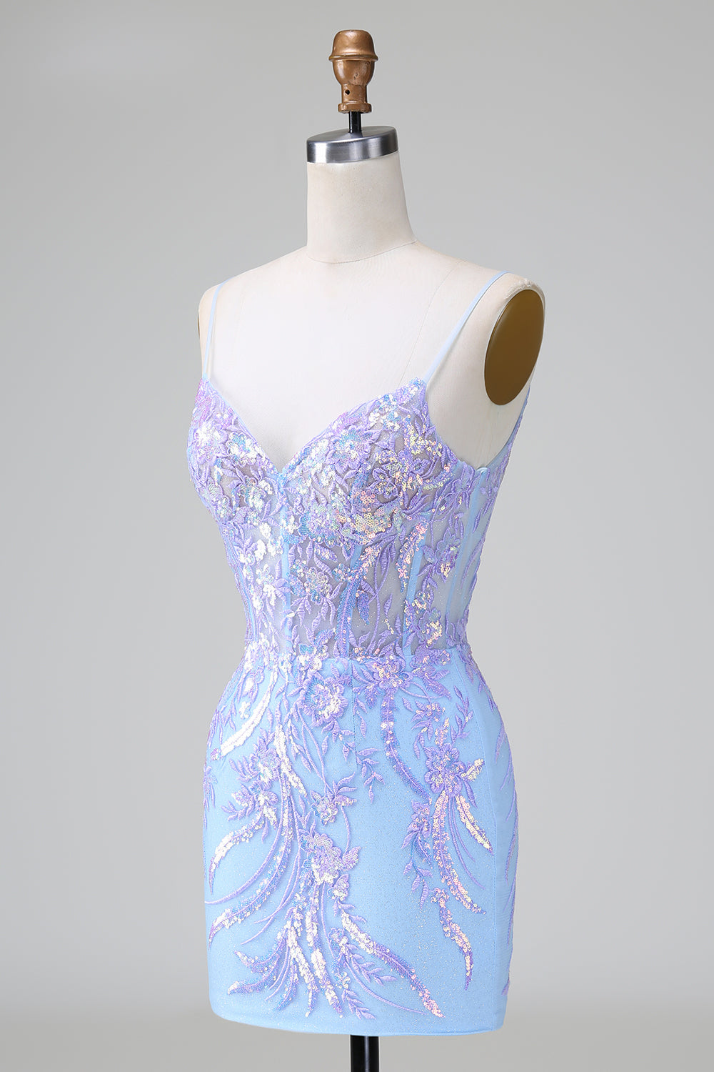 Light blue sweetheart applique bodycon homecoming dress with lilac appliques