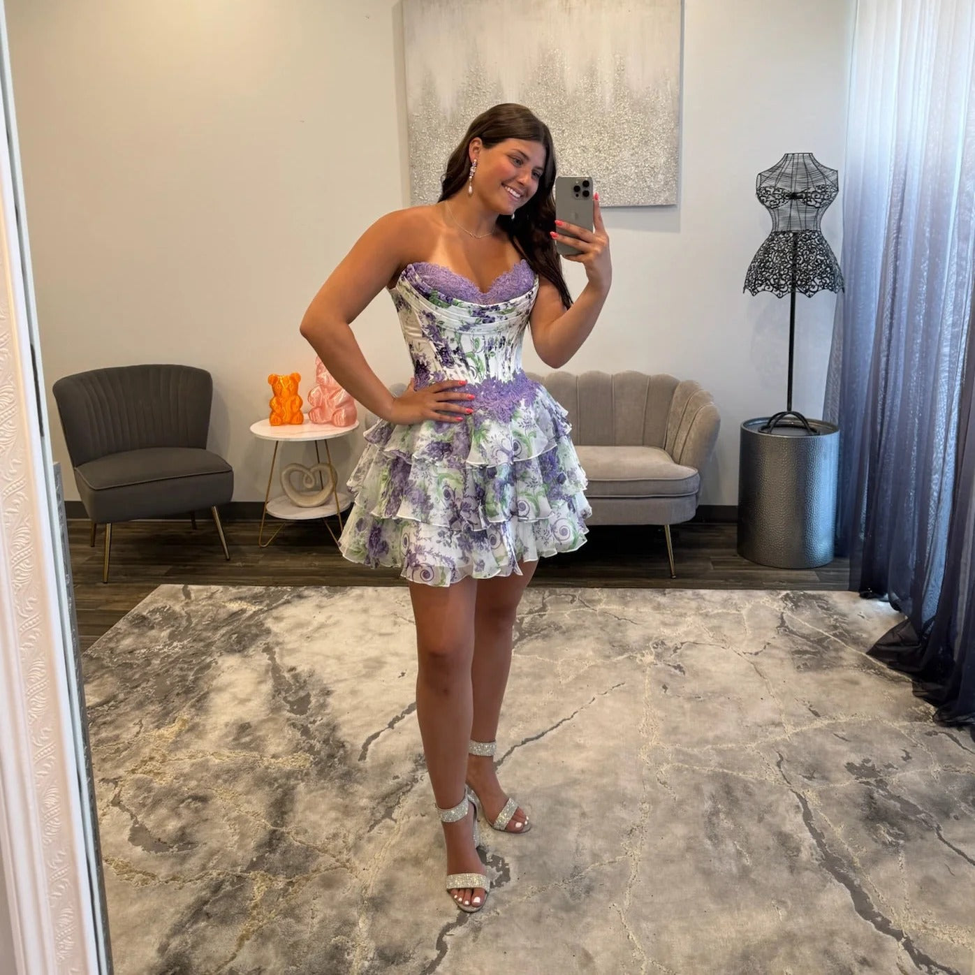 Sweetheart Strapless 3D Floral Applique Corset Tiered Ruffle Chiffon A-Line Homecoming Dress Open Back Mini