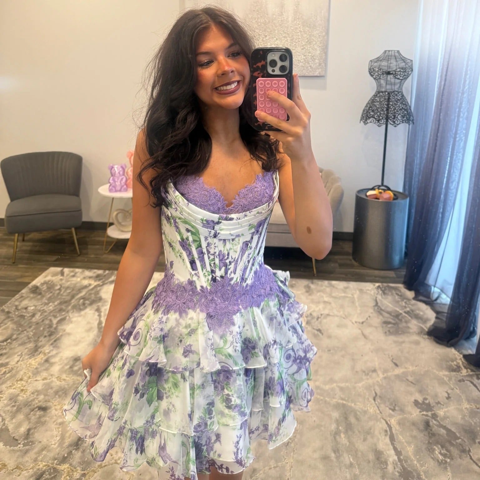 Sweetheart Strapless 3D Floral Applique Corset Tiered Ruffle Chiffon A-Line Homecoming Dress Open Back Mini