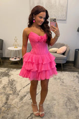Sweetheart Strapless 3D Rose Corset Homecoming Dress Cutout Tiered Ruffle Chiffon Mini Open Back