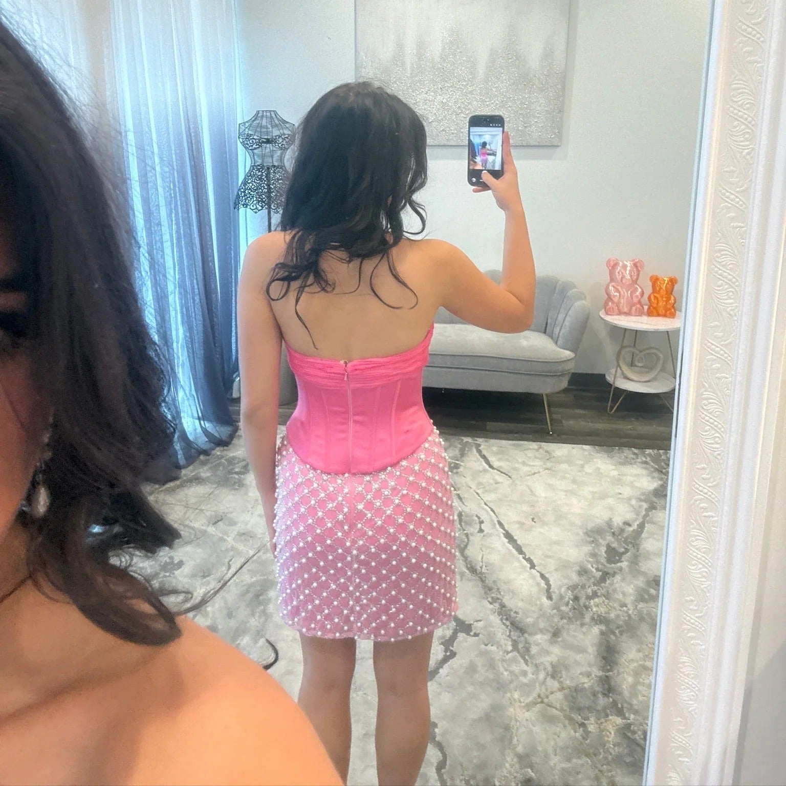 Sweetheart Strapless 3D Rose Corset Homecoming Dress Pearl Mesh Mini Cutout Open Back