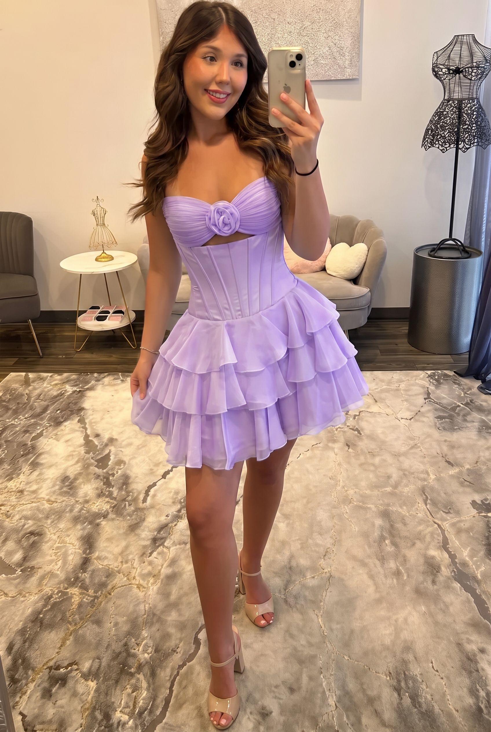 Sweetheart Strapless 3D Rose Cutout Tiered Ruffle Chiffon Corset A-Line Homecoming Dress Lace-Up Mini