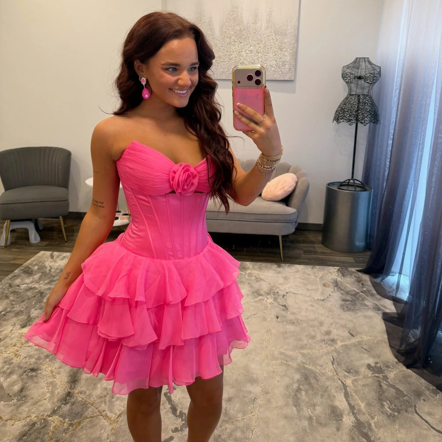 Sweetheart Strapless 3D Rose Cutout Tiered Ruffle Chiffon Corset A-Line Homecoming Dress Lace-Up Mini