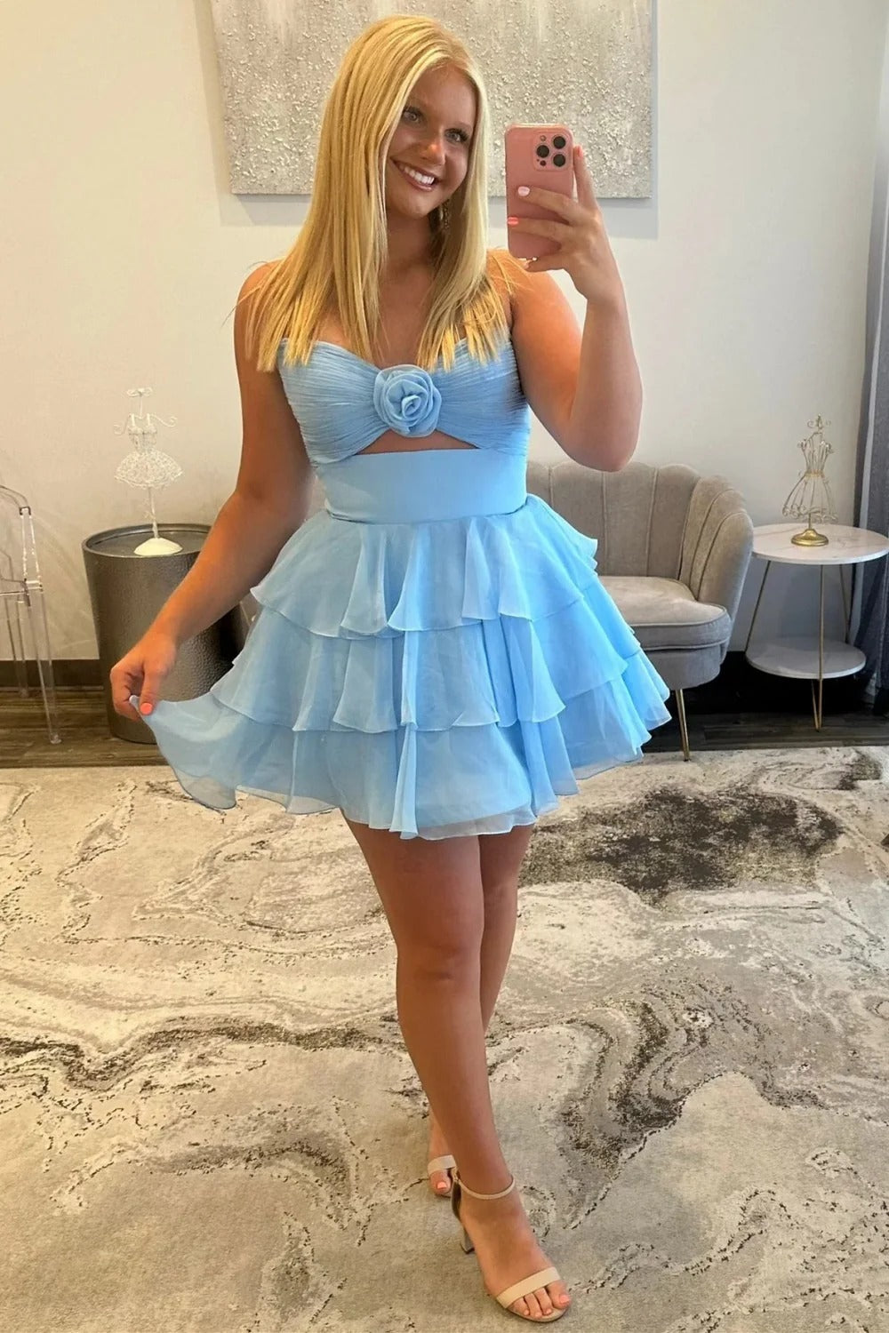 Sweetheart Strapless 3D Rose Cutout Waist Tiered Ruffle Chiffon A-Line Homecoming Dress Mini