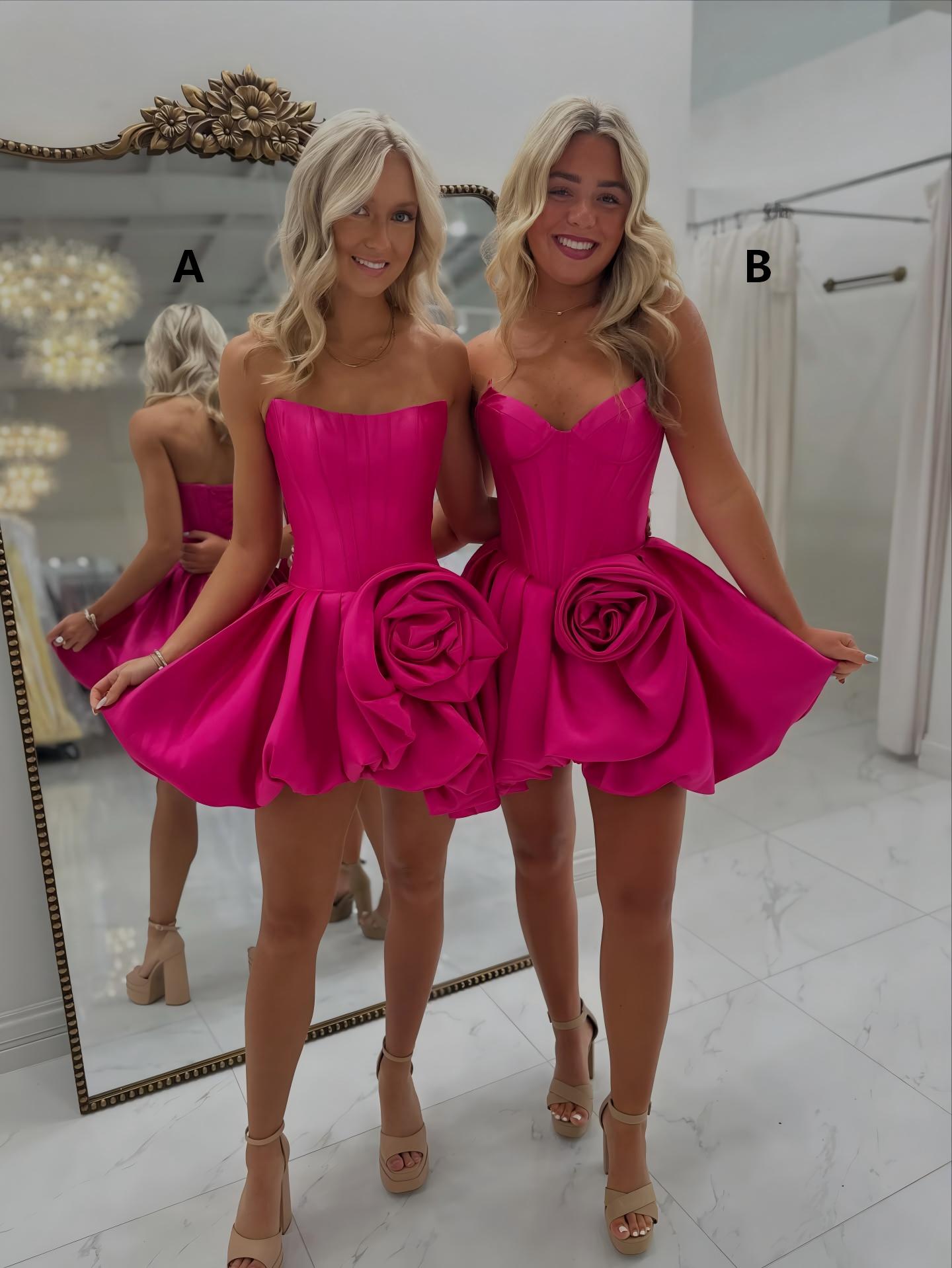 Sweetheart Strapless Boned Corset Satin 3D Rose Bubble A-Line Homecoming Dress Mini
