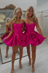 Sweetheart Strapless Boned Corset Satin 3D Rose Bubble A-Line Homecoming Dress Mini