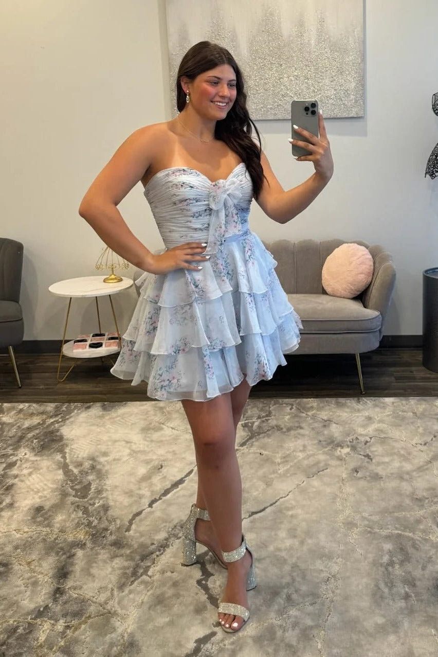 Sweetheart Strapless Bow Floral Chiffon Corset Tiered Ruffle A-Line Homecoming Dress Mini