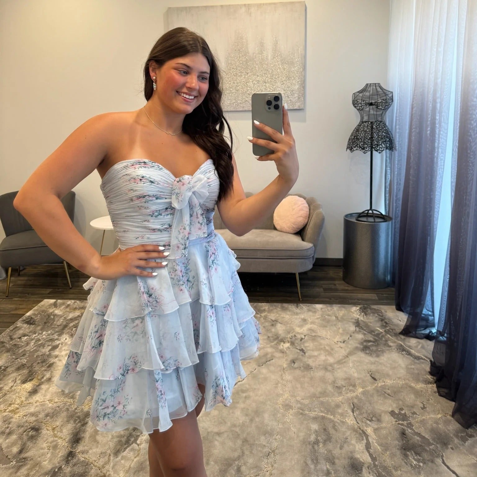 Sweetheart Strapless Bow Floral Chiffon Corset Tiered Ruffle A-Line Homecoming Dress Mini