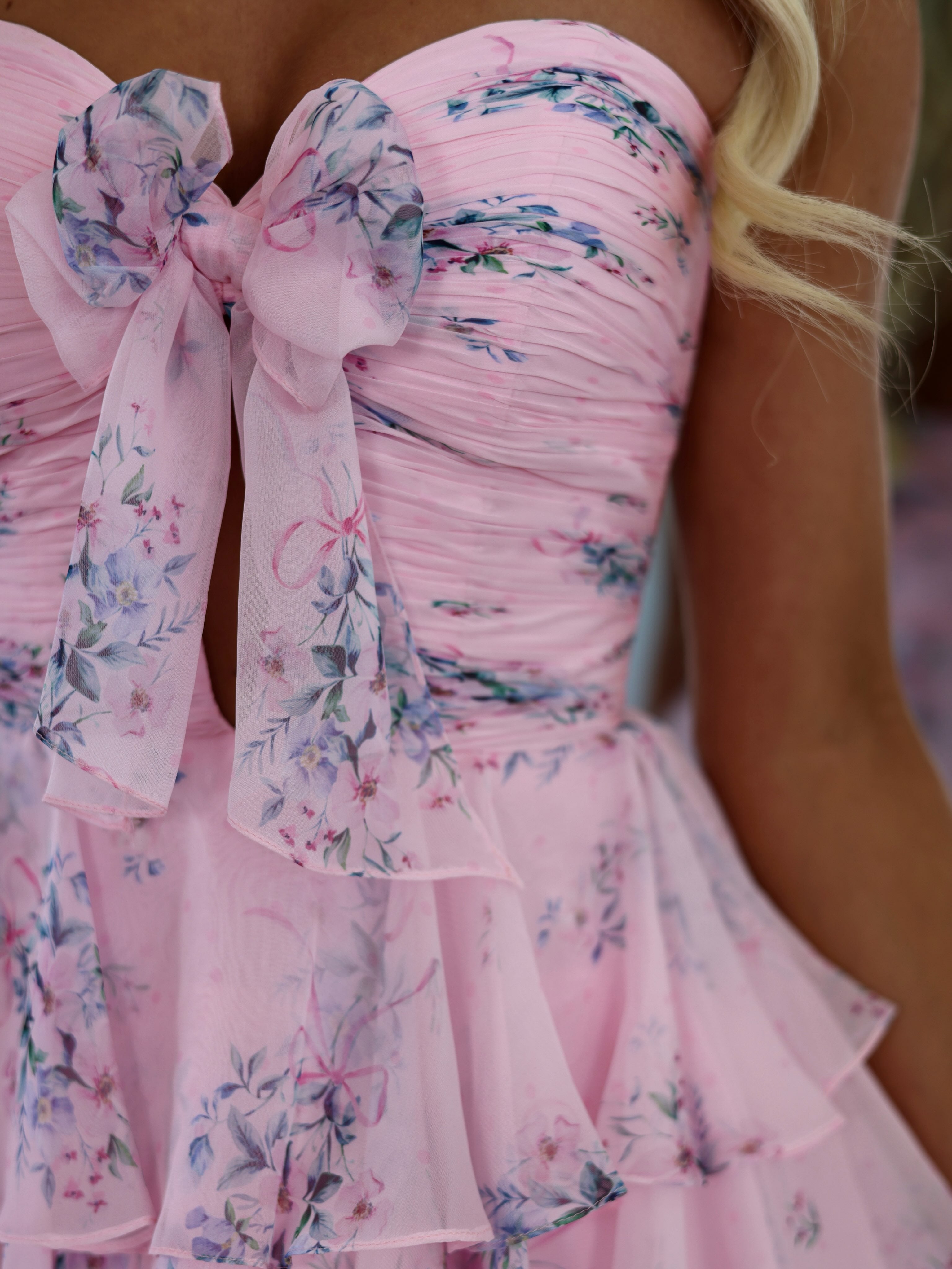Sweetheart Strapless Bow Floral Chiffon Corset Tiered Ruffle A-Line Homecoming Dress Mini