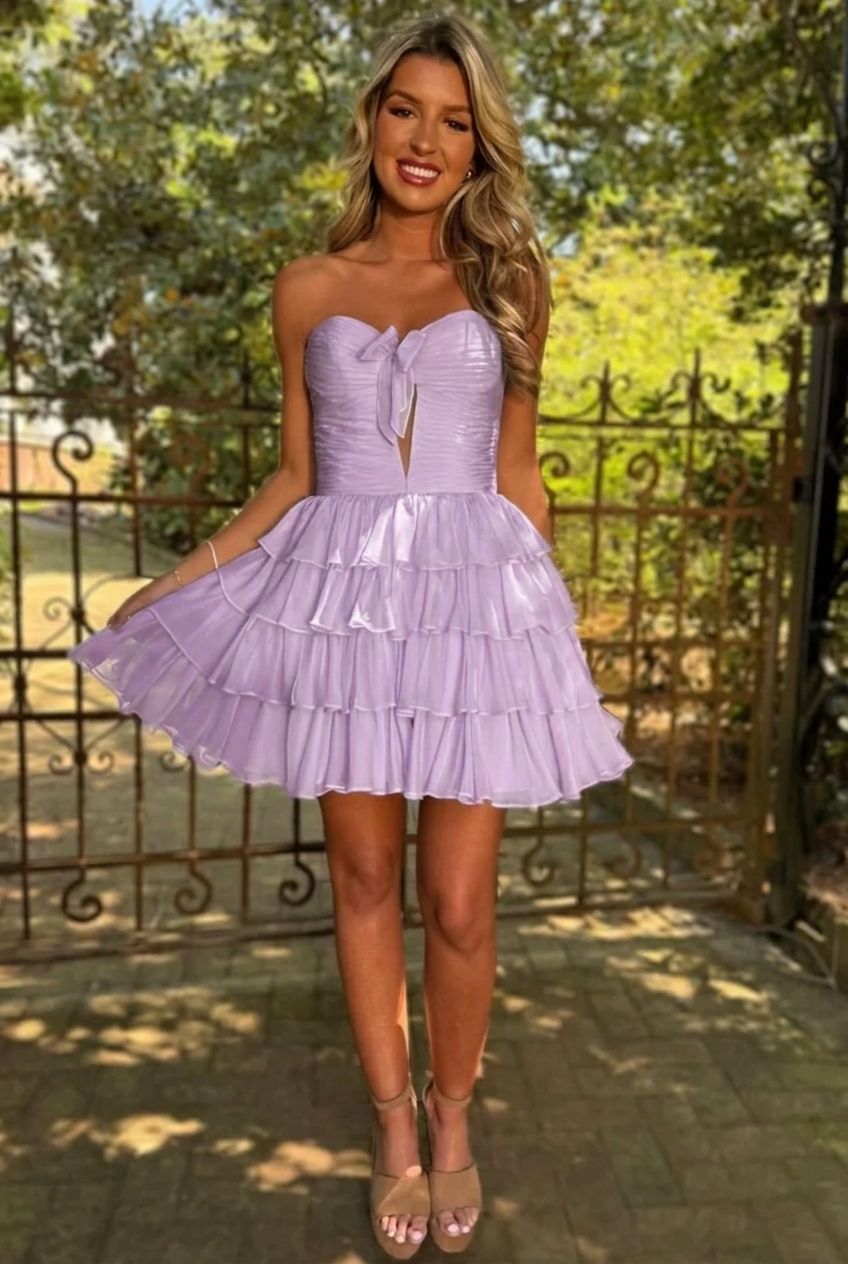 Sweetheart Strapless Bow Ruched Corset Tiered Ruffle A-Line Homecoming Dress Open Back Mini