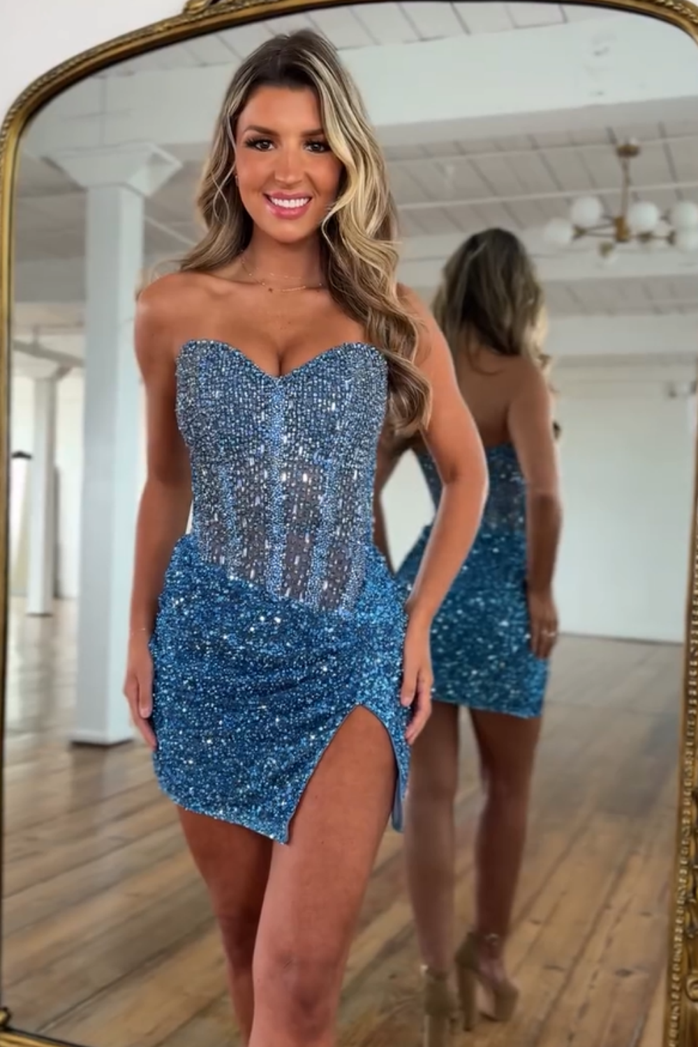 Sweetheart Strapless Dense Rhinestone Illusion Boned Corset All-Over Sequin Side Slit Bodycon Homecoming Dress Mini
