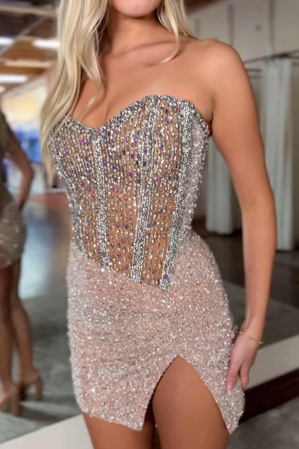 Sweetheart Strapless Dense Rhinestone Illusion Boned Corset All-Over Sequin Side Slit Bodycon Homecoming Dress Mini