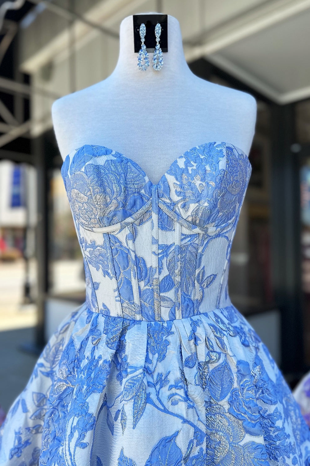 Light blue sweetheart jacquard A-line homecoming dress