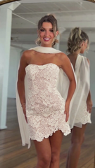 Sweetheart Strapless Floral Lace Scallop Hem Bodycon Chiffon Cape Homecoming Dress Mini