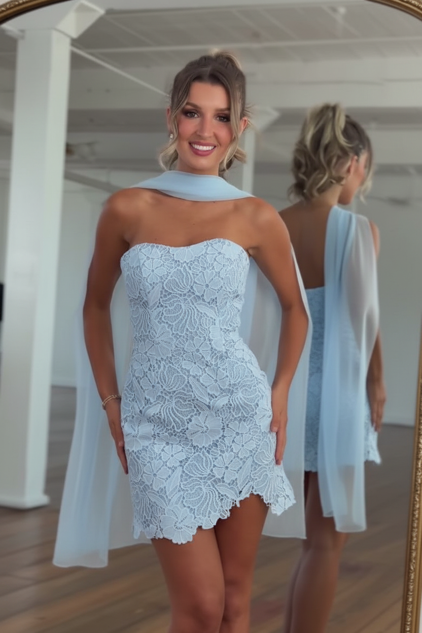 Sweetheart Strapless Floral Lace Scallop Hem Bodycon Chiffon Cape Homecoming Dress Mini