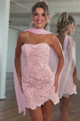 Sweetheart Strapless Floral Lace Scallop Hem Bodycon Chiffon Cape Homecoming Dress Mini