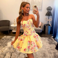 Sweetheart Strapless Floral Rose Print Boned Corset Satin Bow Bubble Open Back A-Line Homecoming Dress Mini