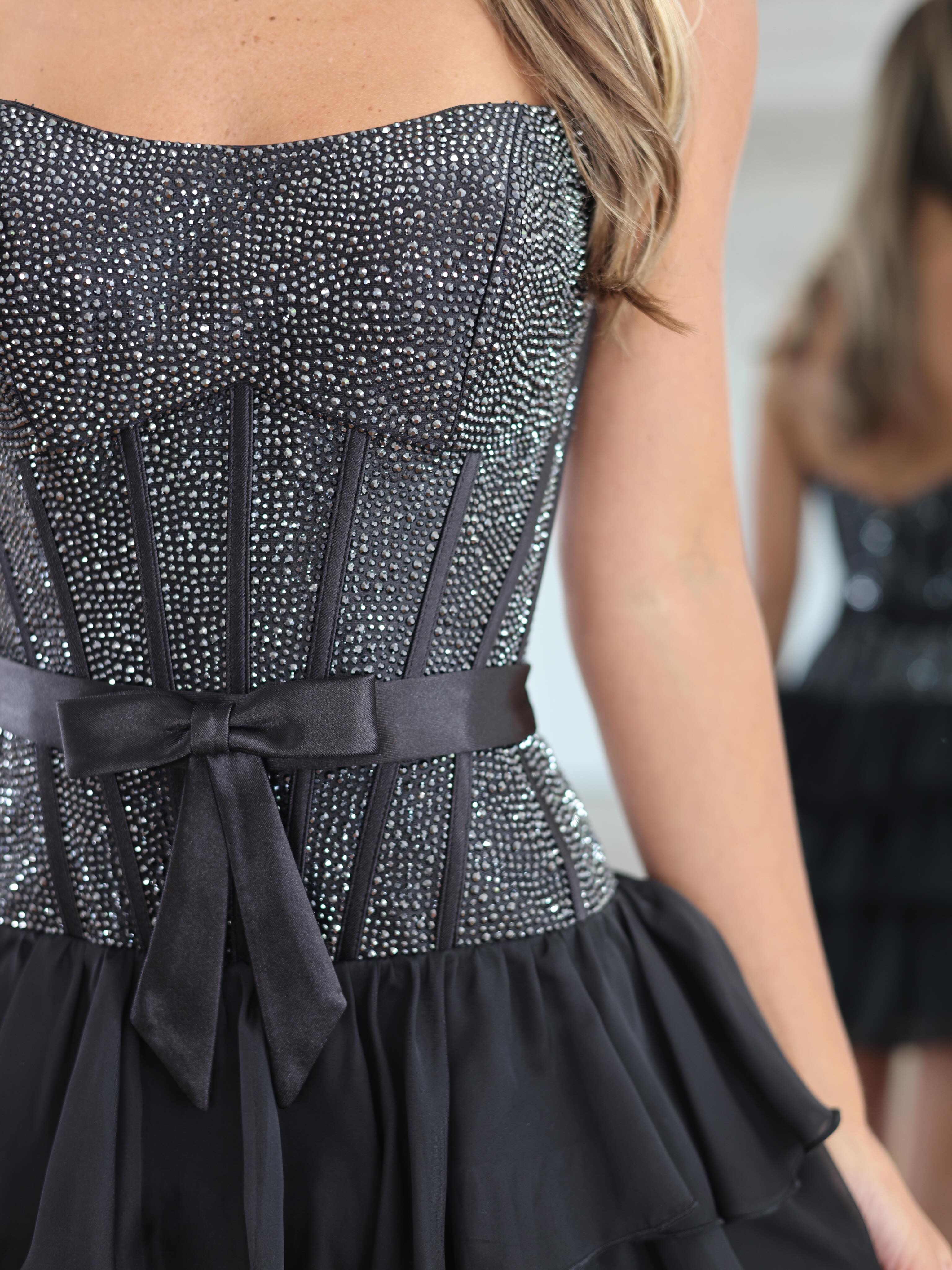 Sweetheart Strapless Full Rhinestone Boned Corset Satin Bow Three-Tier Ruffle Chiffon A-Line Homecoming Dress Mini
