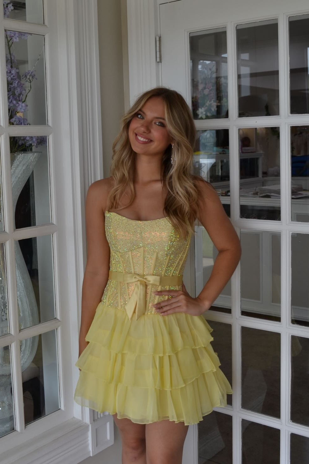 Sweetheart Strapless Full Rhinestone Boned Corset Satin Bow Three-Tier Ruffle Chiffon A-Line Homecoming Dress Mini