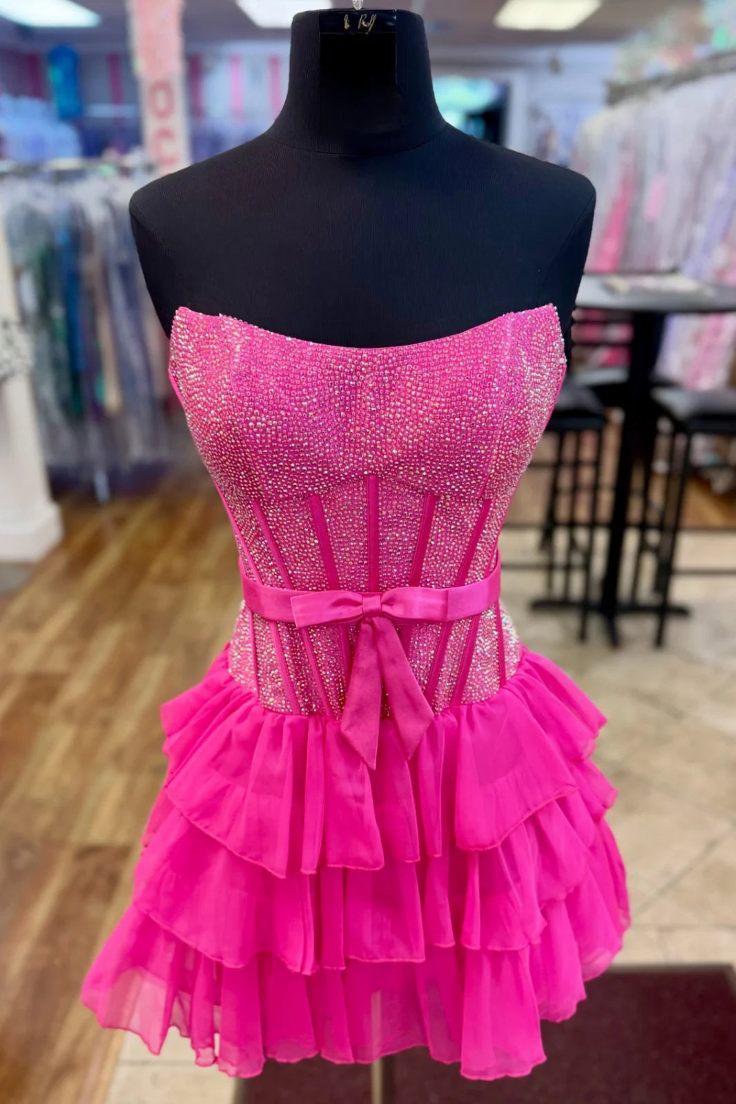 Sweetheart Strapless Full Rhinestone Boned Corset Satin Bow Three-Tier Ruffle Chiffon A-Line Homecoming Dress Mini