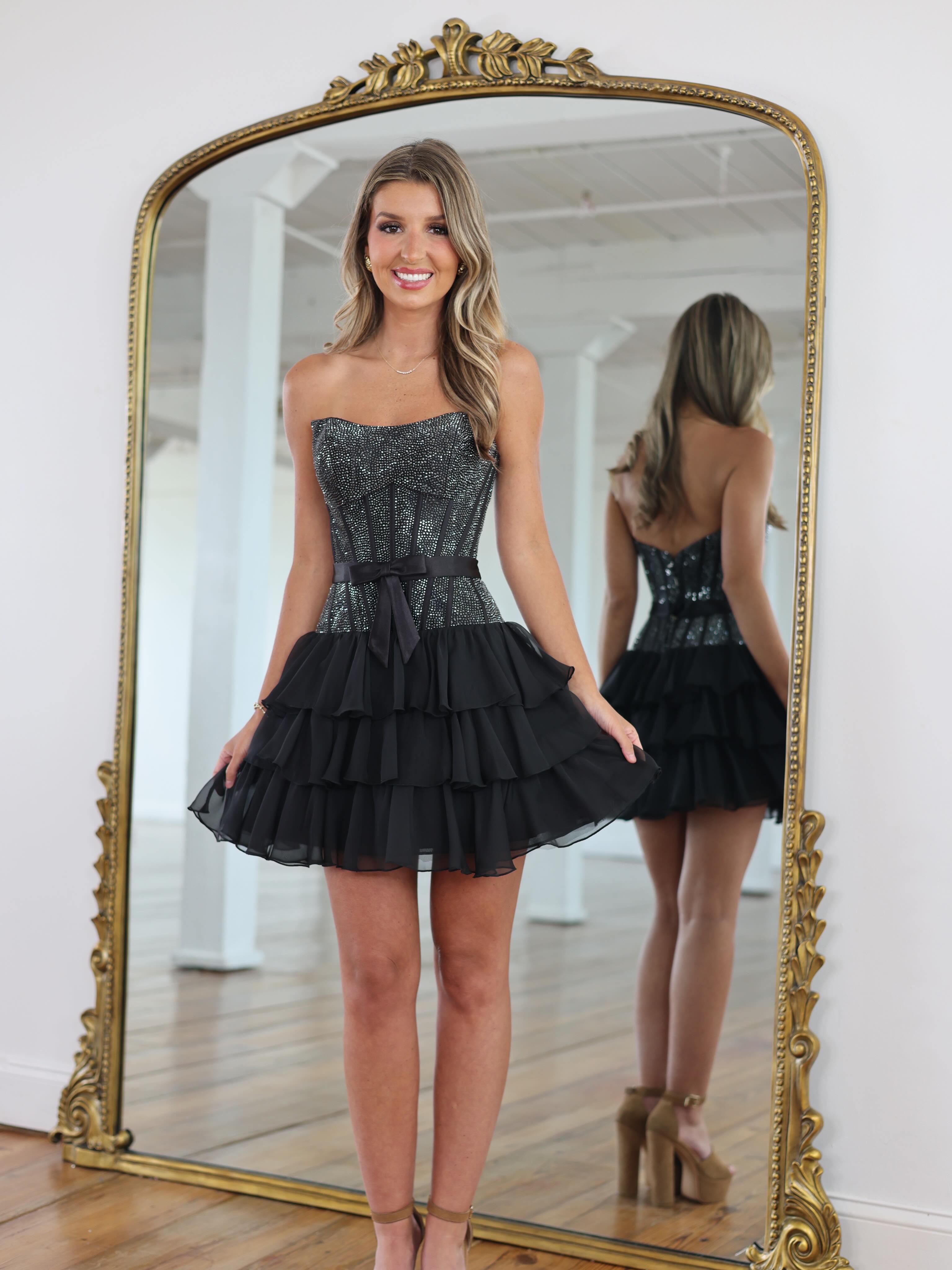 Sweetheart Strapless Full Rhinestone Boned Corset Satin Bow Three-Tier Ruffle Chiffon A-Line Homecoming Dress Mini