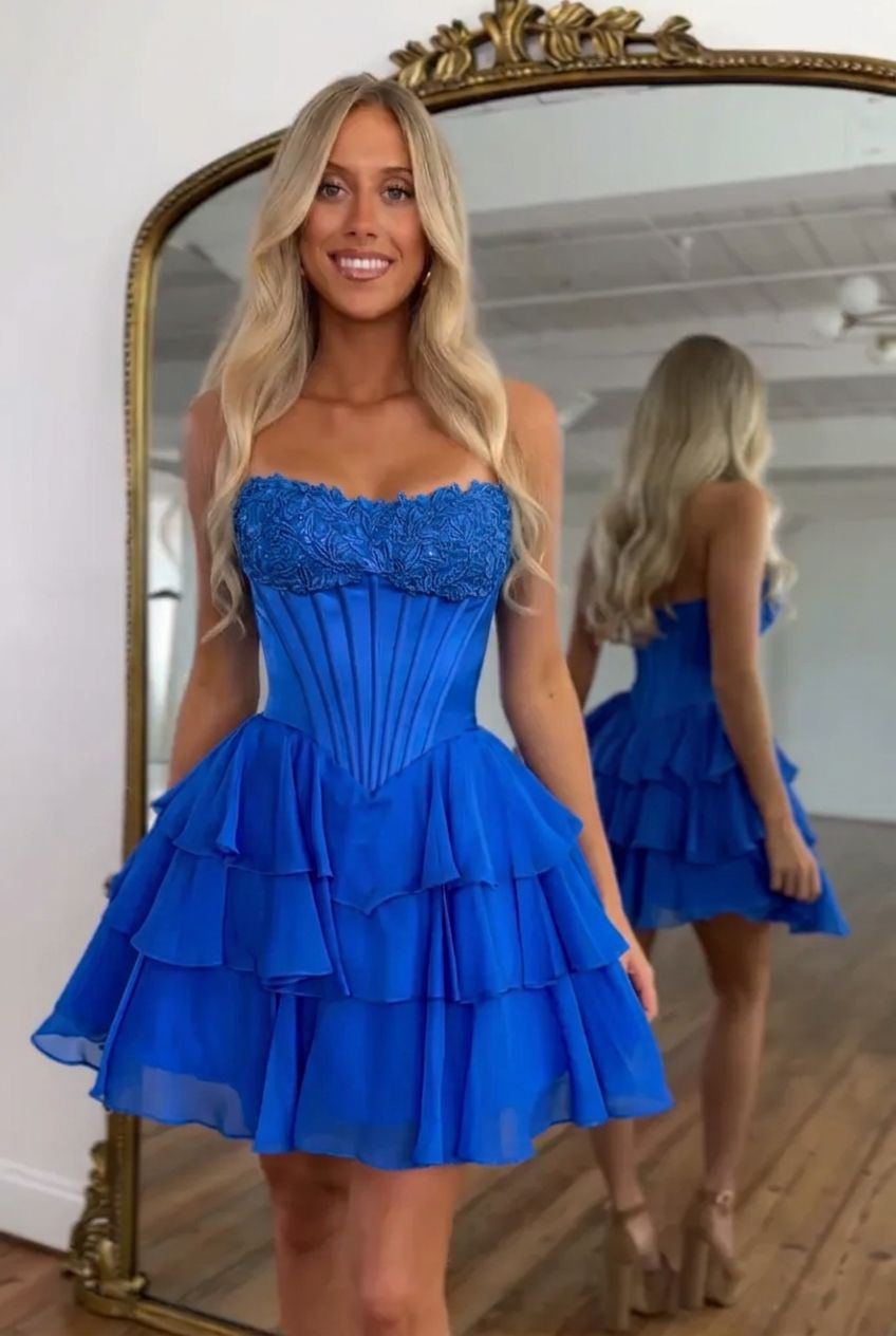 Sweetheart Strapless Lace Applique Boned Corset Tiered Ruffle Chiffon A-Line Homecoming Dress Mini