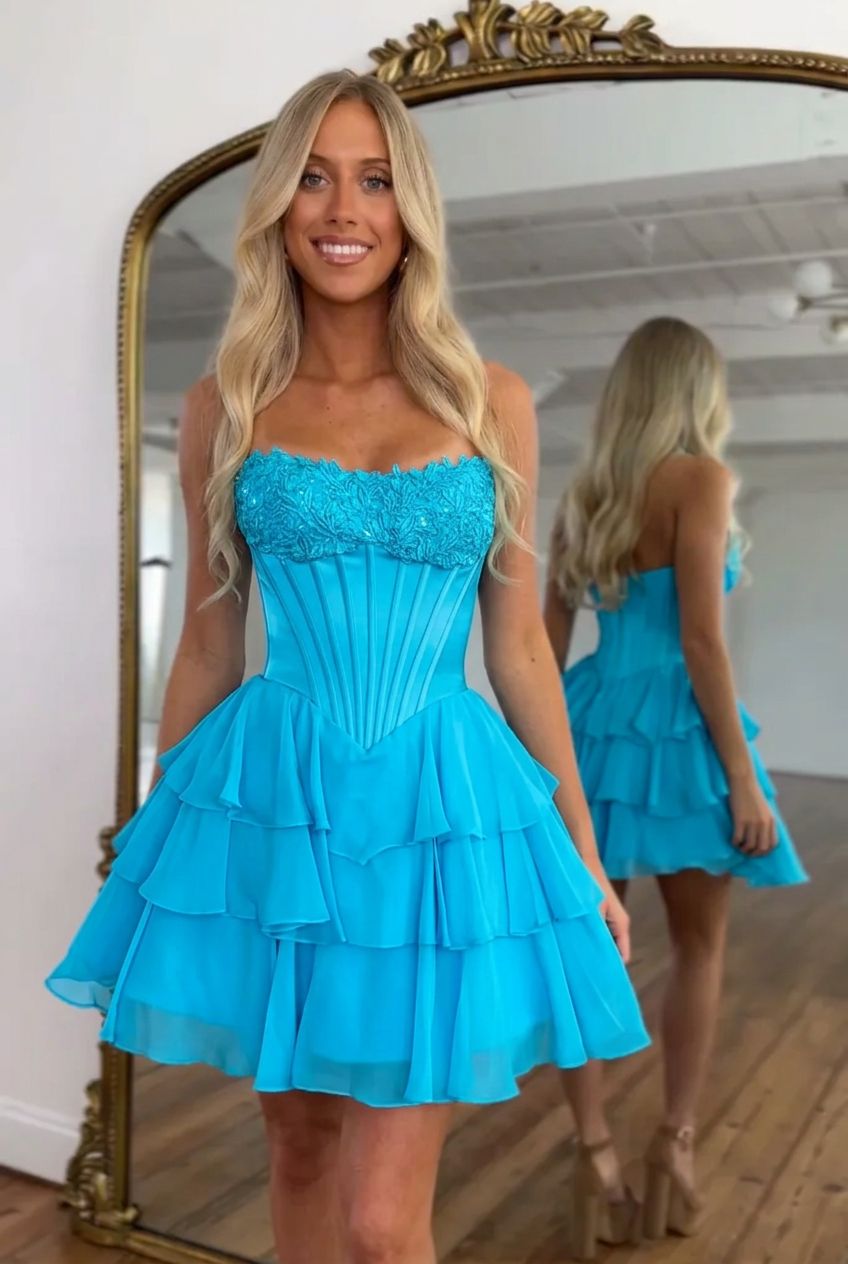 Sweetheart Strapless Lace Applique Boned Corset Tiered Ruffle Chiffon A-Line Homecoming Dress Mini