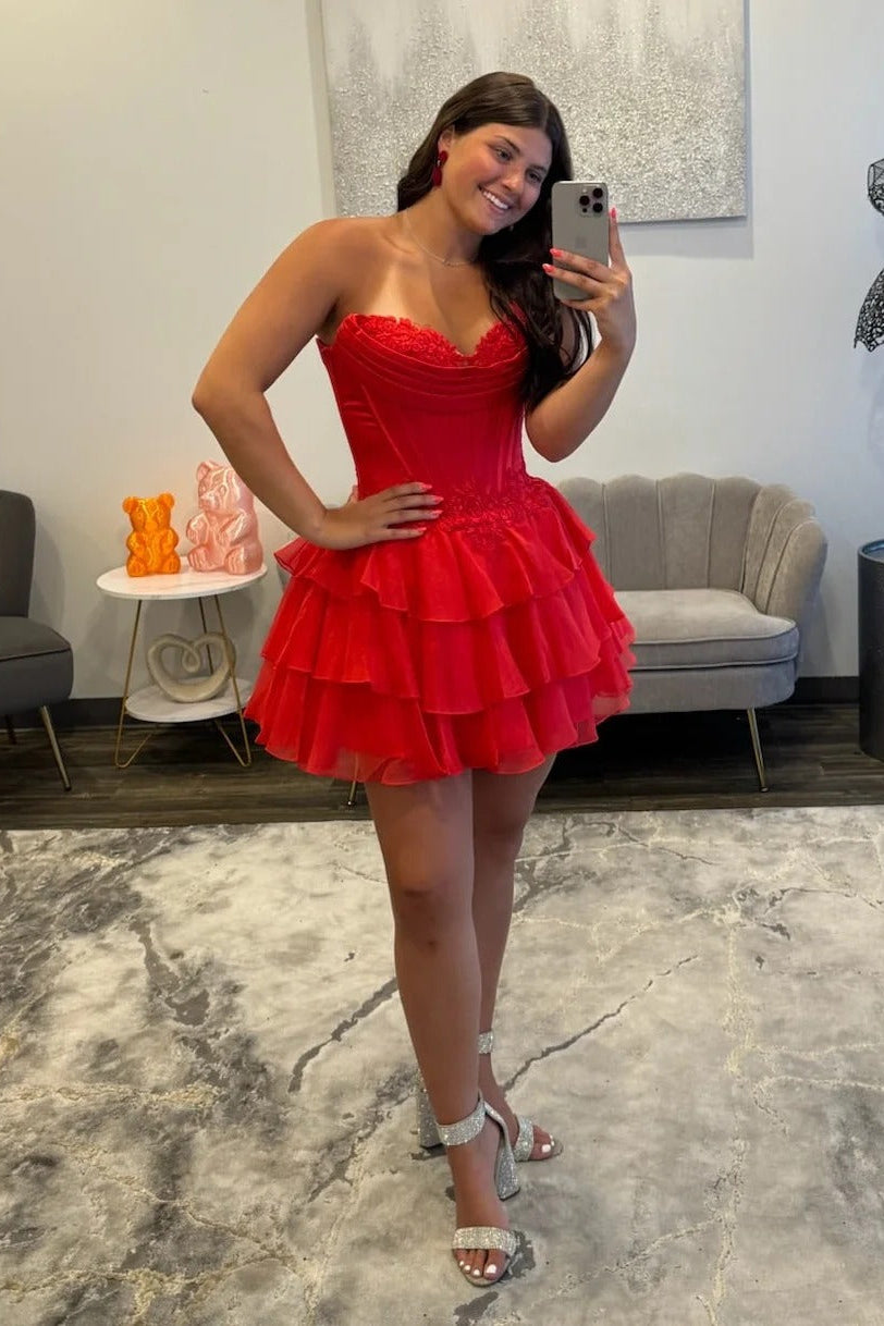 Sweetheart Strapless Lace Applique Corset Tiered Ruffle Chiffon A-Line Homecoming Dress Mini