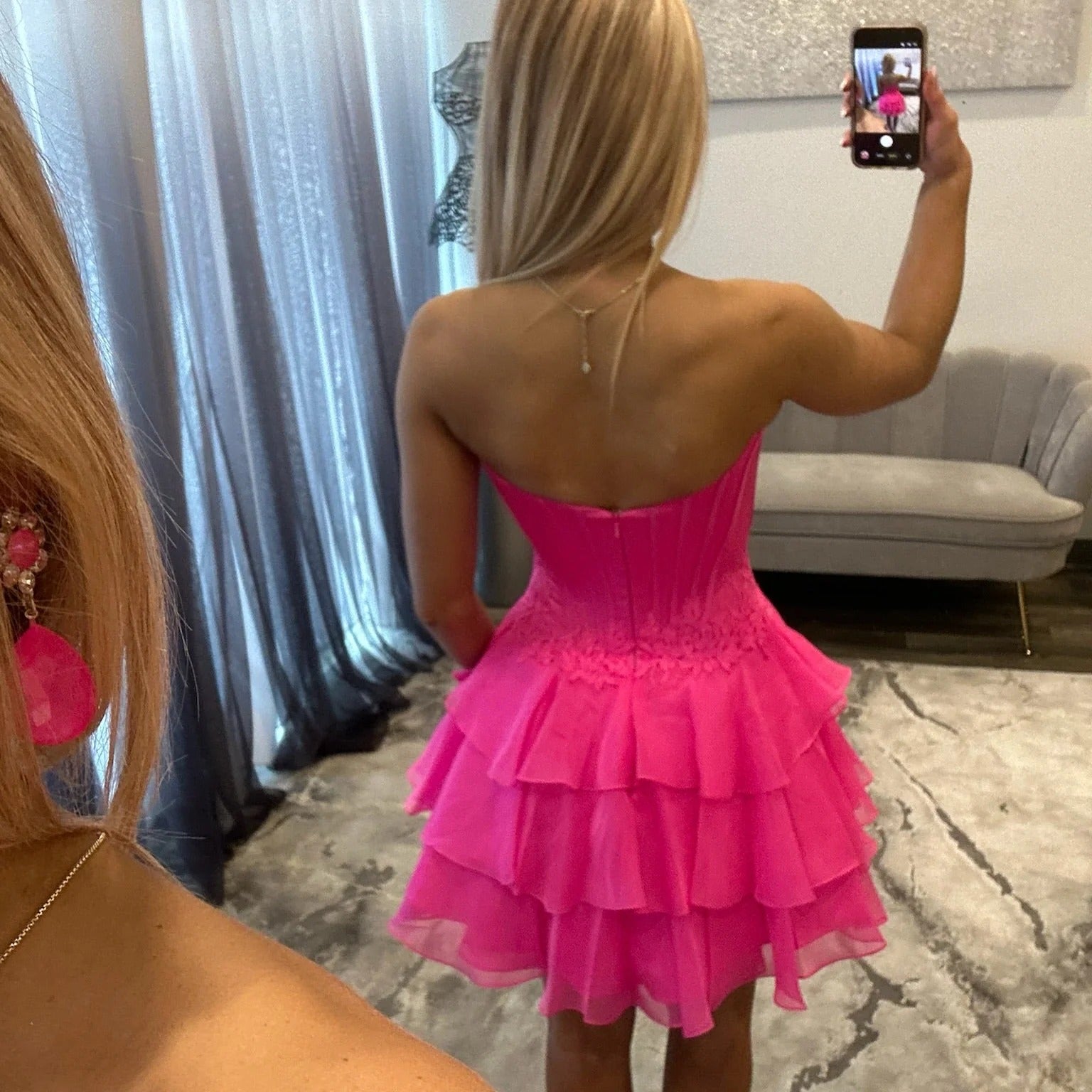 Sweetheart Strapless Lace Applique Corset Tiered Ruffle Chiffon A-Line Homecoming Dress Mini