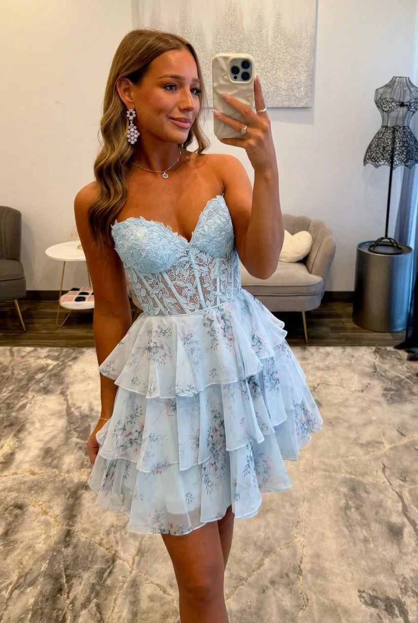 Sweetheart Strapless Lace Applique Corset Tiered Ruffle Floral Chiffon A-Line Homecoming Dress Lace-Up Mini