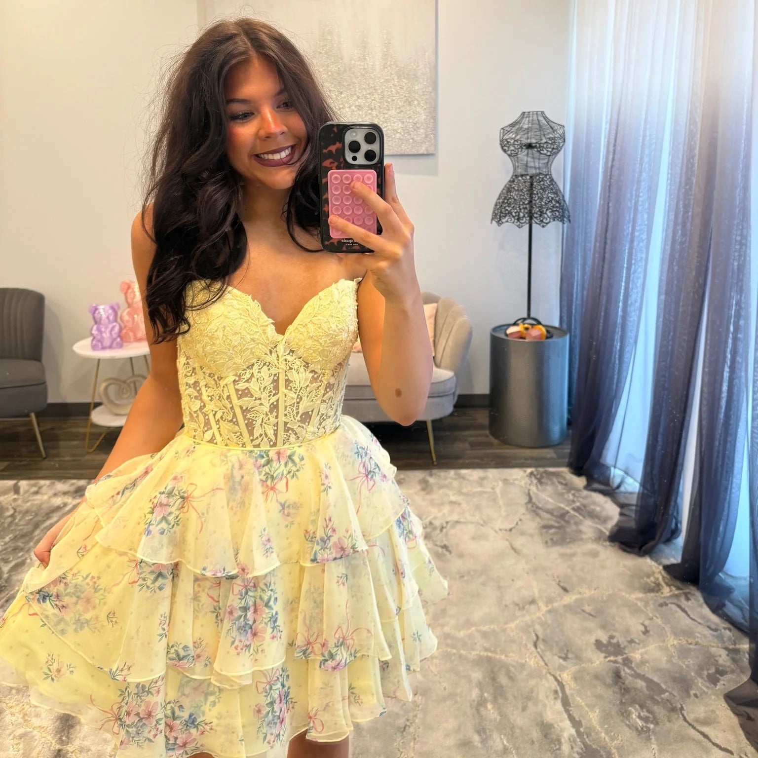 Sweetheart Strapless Lace Applique Corset Tiered Ruffle Floral Chiffon A-Line Homecoming Dress Lace-Up Mini