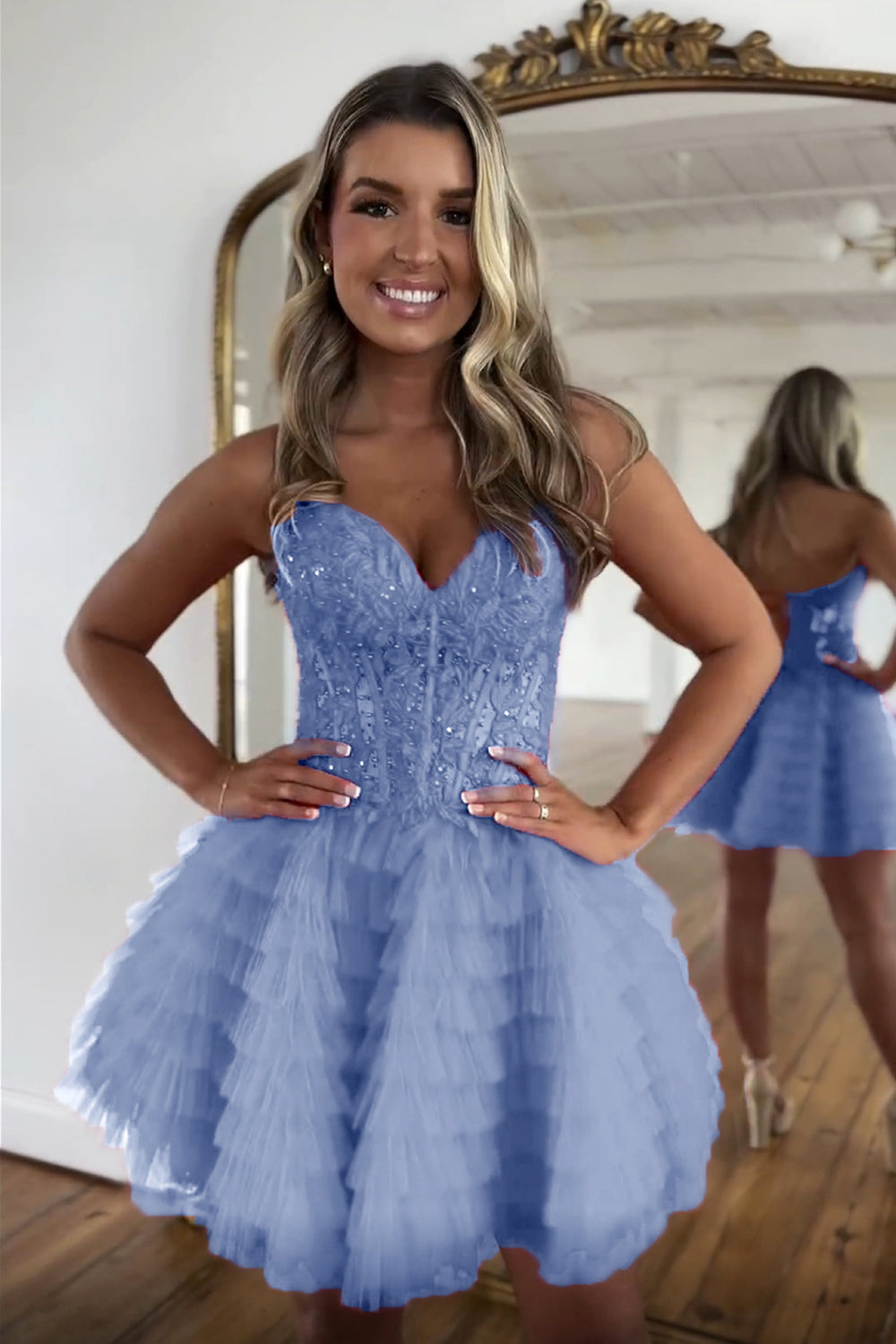 Sweetheart Strapless Lace Appliques Illusion Boned Corset Multi-Tier Ruffle Tulle Lace-Up Back A-Line Homecoming Dress Mini