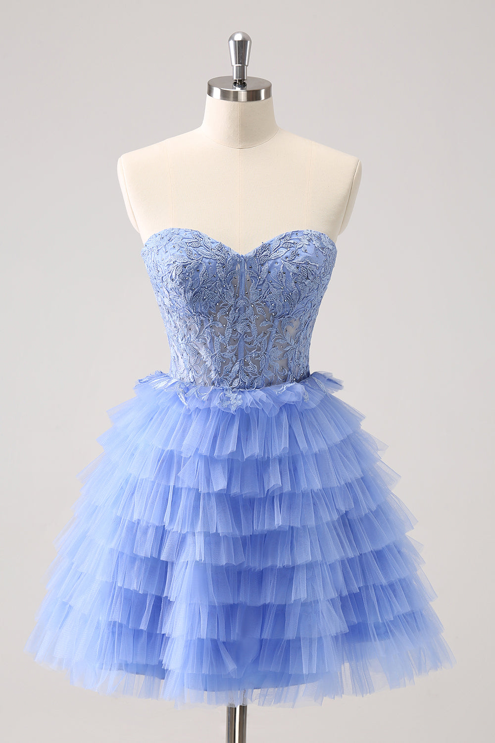 Sweetheart Strapless Lace Appliques Illusion Boned Corset Multi-Tier Ruffle Tulle Lace-Up Back A-Line Homecoming Dress Mini