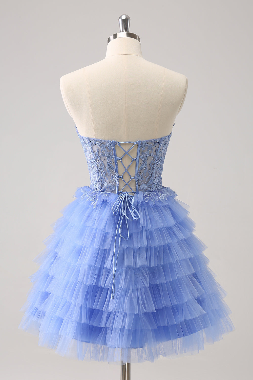 Sweetheart Strapless Lace Appliques Illusion Boned Corset Multi-Tier Ruffle Tulle Lace-Up Back A-Line Homecoming Dress Mini