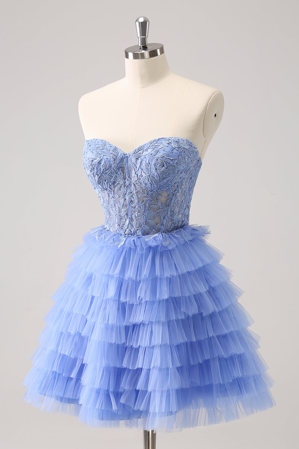 Sweetheart Strapless Lace Appliques Illusion Boned Corset Multi-Tier Ruffle Tulle Lace-Up Back A-Line Homecoming Dress Mini