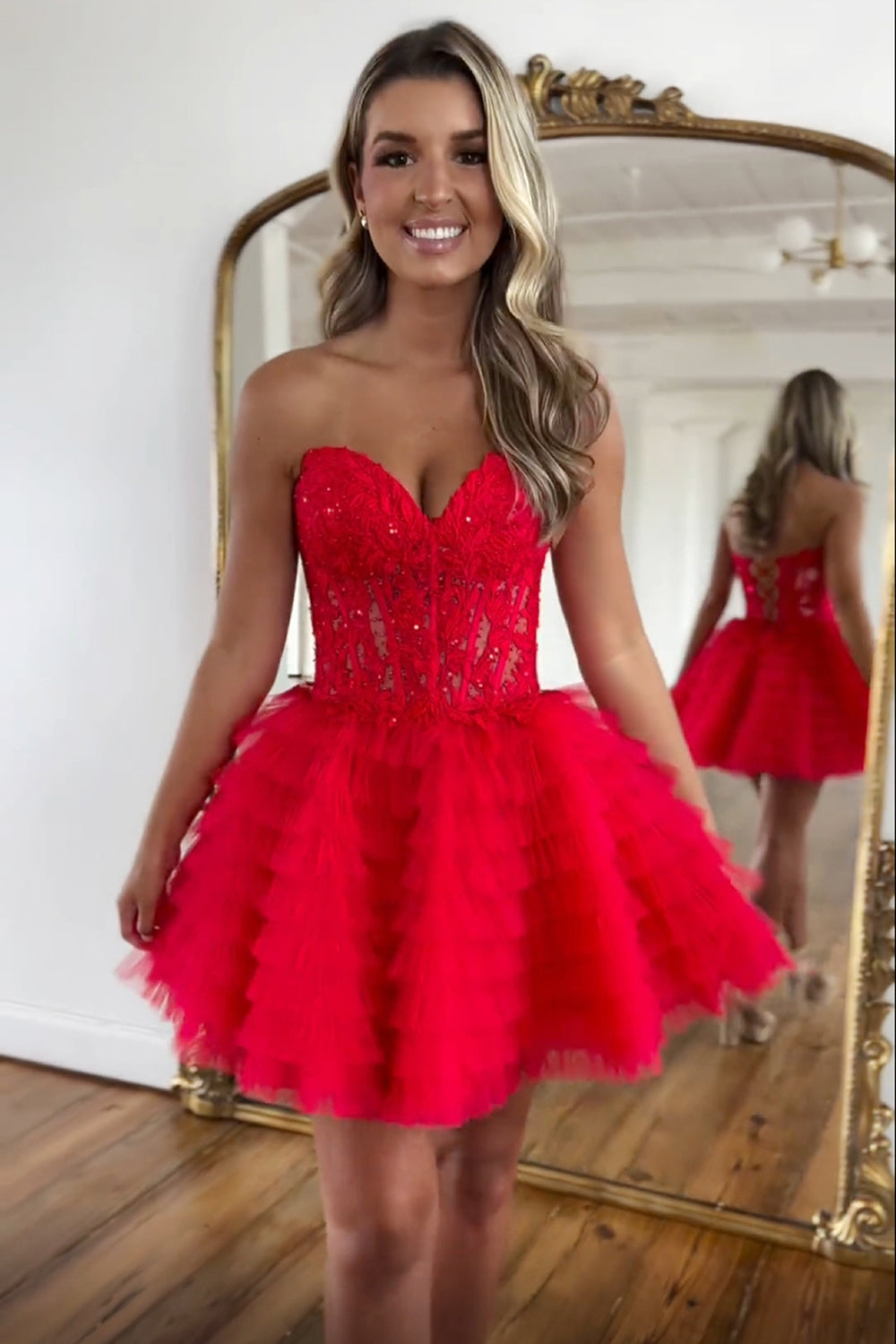 Sweetheart Strapless Lace Appliques Illusion Boned Corset Multi-Tier Ruffle Tulle Lace-Up Back A-Line Homecoming Dress Mini