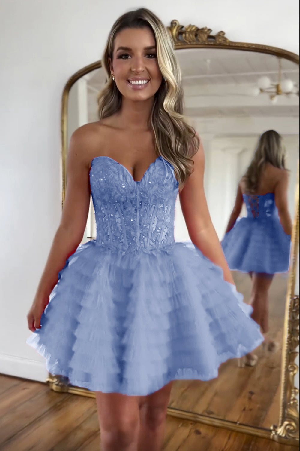 Sweetheart Strapless Lace Appliques Illusion Boned Corset Multi-Tier Ruffle Tulle Lace-Up Back A-Line Homecoming Dress Mini