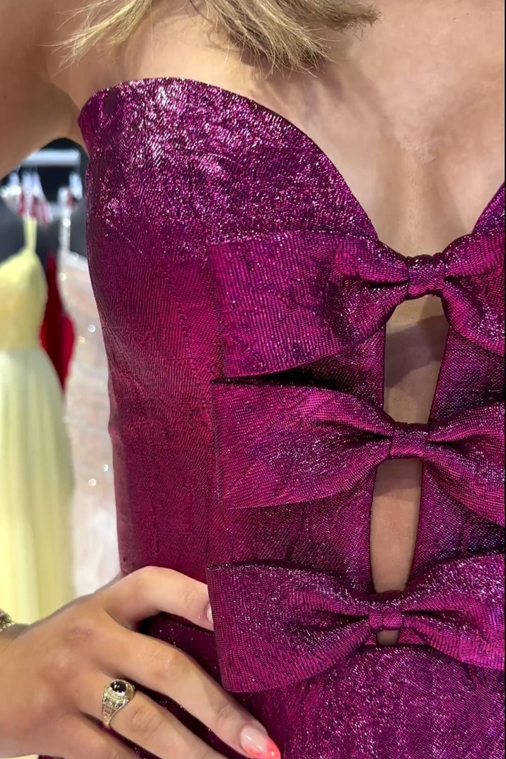 Sweetheart Strapless Metallic Glitter Cutout Bow Corset Boning Open Back A-Line Homecoming Dress Mini