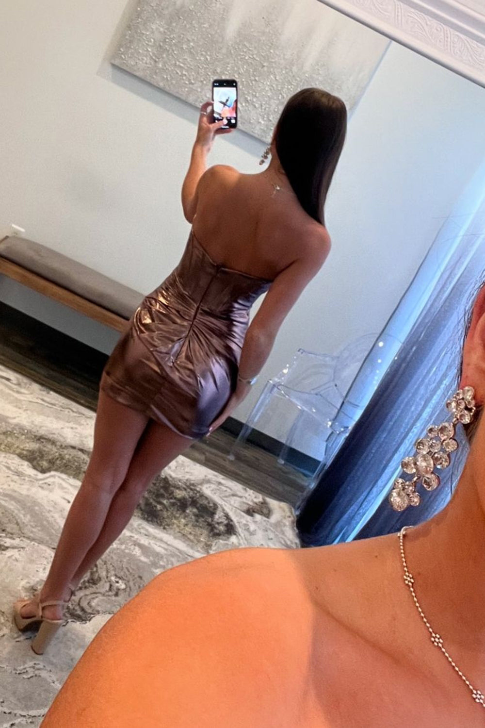 Sweetheart Strapless Metallic Satin Ruched Boned Corset Bodycon Homecoming Dress Mini